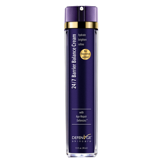DefenAge 24/7 Barrier Balance Cream Fragrance Free bottle with no fragrance and Age-Repair Defensins for hydrated skin care.