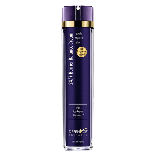DefenAge 24/7 Barrier Balance Cream Fragrance Free bottle with no fragrance and Age-Repair Defensins for hydrated skin care.