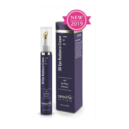 DefenAge 3D Eye Radiance Cream box and bottle with New 2019 badge, Age-Repair Defensins and firming eye care benefits packs.
