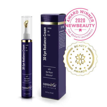 DefenAge 3D Eye Radiance Cream bottle, pack and 2020 NewBeauty award badges show eye radiance, firmness and fine lines care.