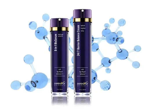 DefenAge 8-in-1 BioSerum and 24/7 Barrier Balance Cream duo graphic for firming, hydration and anti-aging skin care set now.
