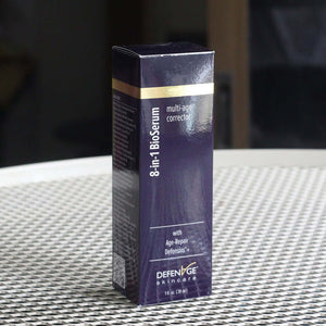 DefenAge 8-in-1 BioSerum box packaging shows multi-age corrector with Age-Repair Defensins for smoother uneven skin tone use