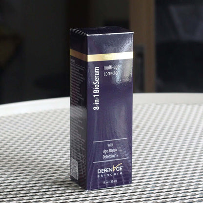 DefenAge 8-in-1 BioSerum box packaging shows multi-age corrector with Age-Repair Defensins for smoother uneven skin tone use