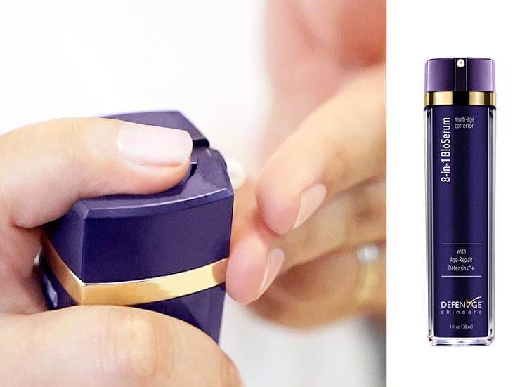 DefenAge 8-in-1 BioSerum pump close-up with Age-Repair Defensins for fine lines, wrinkles and firming face skin care use