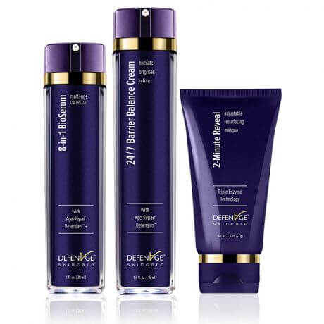 DefenAge Clinical Power Trio shows BioSerum, Barrier Balance Cream and Reveal Masque for firming hydration resurfacing mask.