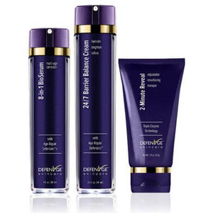 DefenAge Clinical Power Trio shows BioSerum, Barrier Balance Cream and Reveal Masque for firming hydration resurfacing mask.