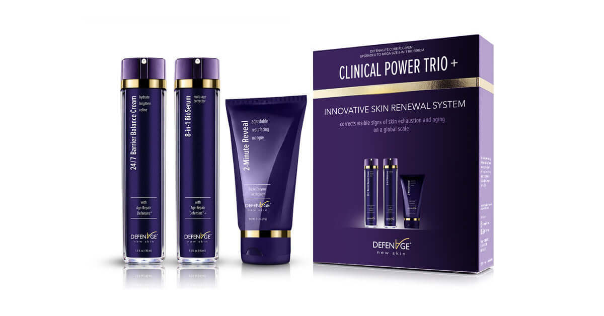 DefenAge Clinical Power Trio Plus box and products show skin renewal system for fine lines, hydration and resurfacing cream.