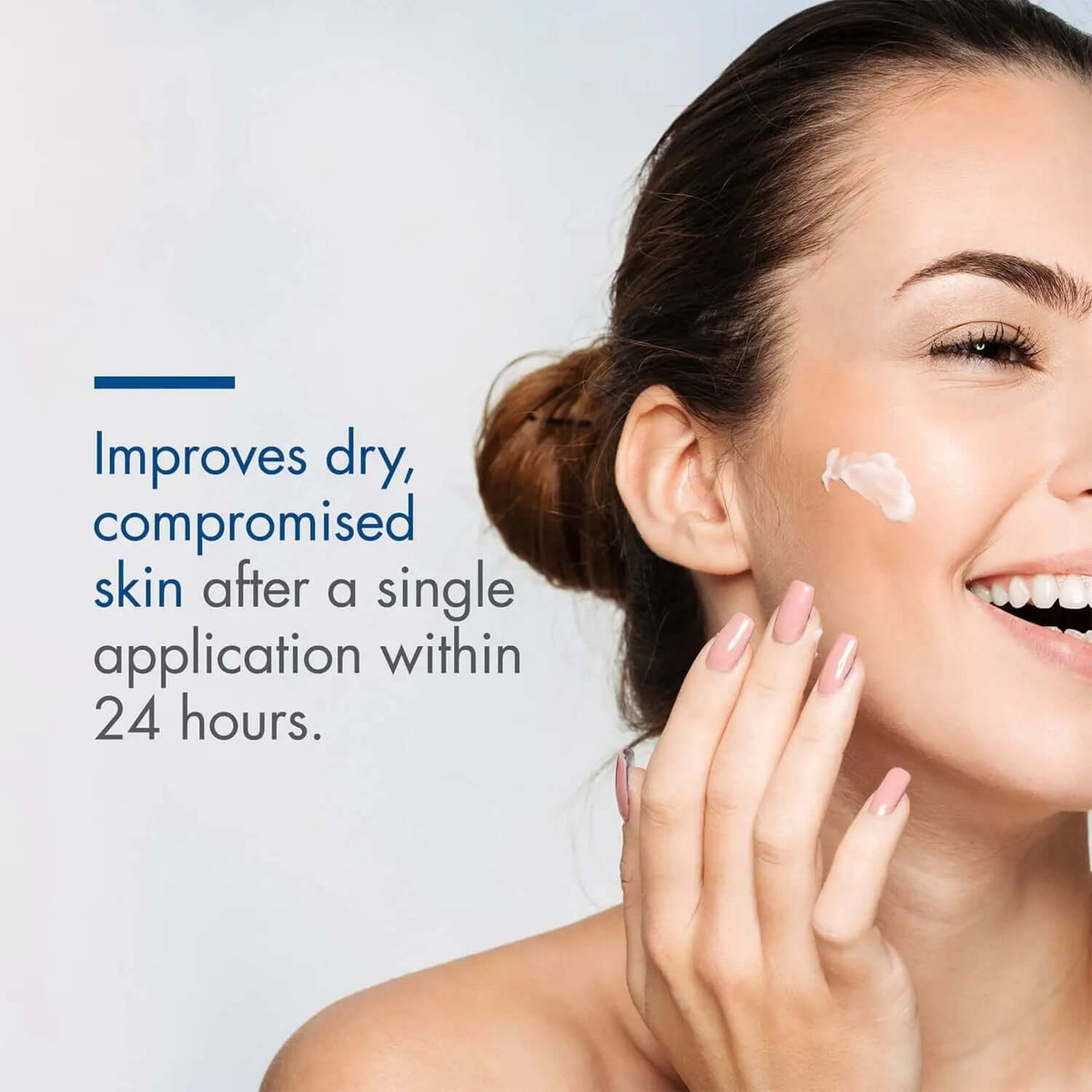EltaMD Barrier Renewal Complex lifestyle graphic shows cream applied to cheek for dry compromised skin support within 24hrs.