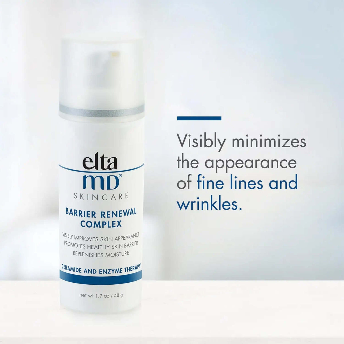 EltaMD Barrier Renewal Complex bottle graphic visibly minimizes fine lines and wrinkles using ceramide enzyme therapy daily.