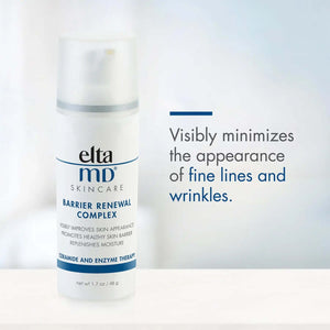EltaMD Barrier Renewal Complex bottle graphic visibly minimizes fine lines and wrinkles using ceramide enzyme therapy daily.