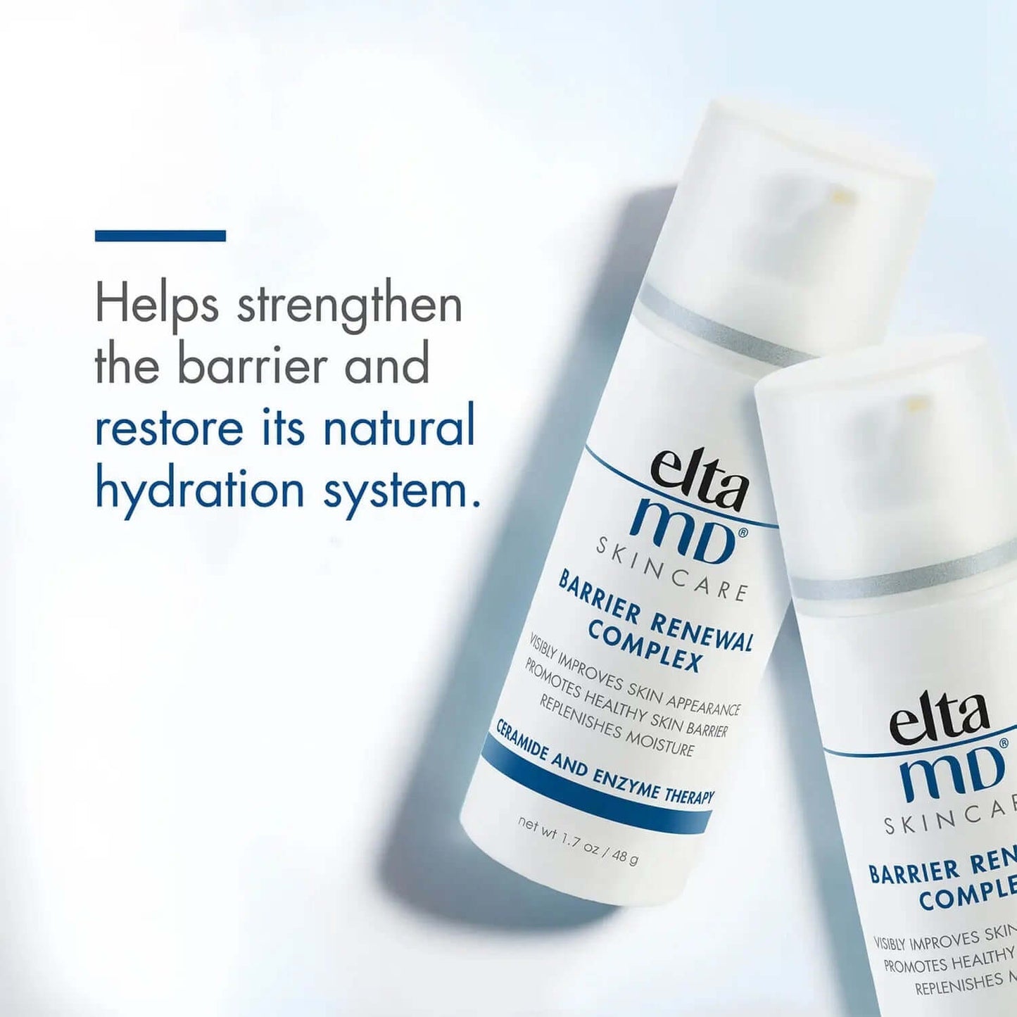 EltaMD Barrier Renewal Complex graphic shows two bottles plus barrier strengthening and natural hydration system