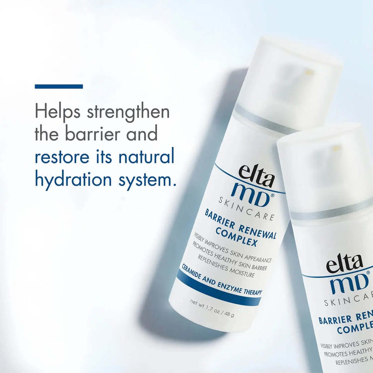 EltaMD Barrier Renewal Complex graphic shows two bottles plus barrier strengthening and natural hydration system