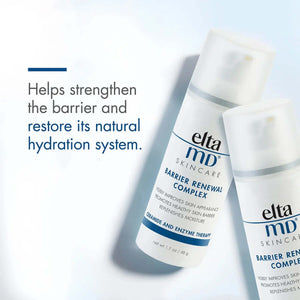 EltaMD Barrier Renewal Complex graphic shows two bottles plus barrier strengthening and natural hydration system