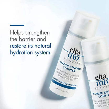 EltaMD Barrier Renewal Complex graphic shows two bottles plus barrier strengthening and natural hydration system