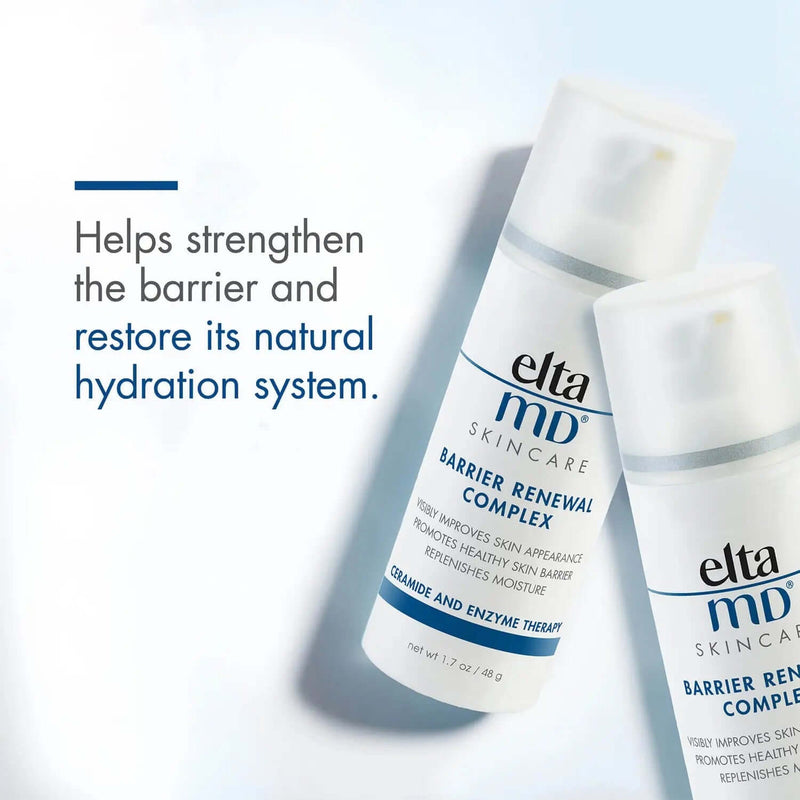 EltaMD Barrier Renewal Complex graphic shows two bottles plus barrier strengthening and natural hydration system