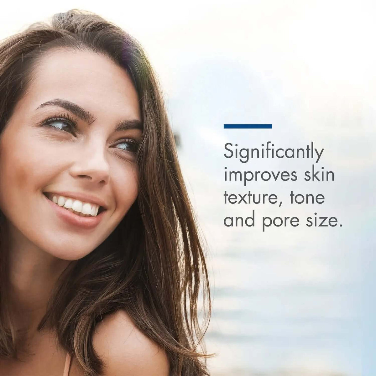 EltaMD Barrier Renewal Complex lifestyle graphic says improves skin texture, tone and pore size beside a smiling model face.