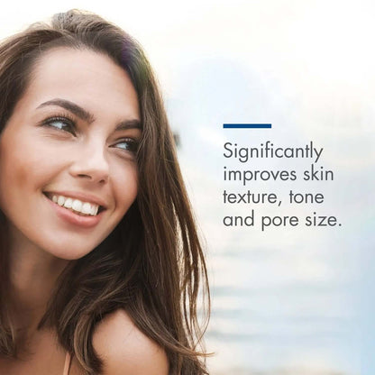 EltaMD Barrier Renewal Complex lifestyle graphic says improves skin texture, tone and pore size beside a smiling model face.