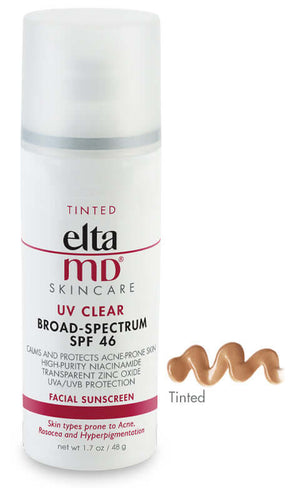 EltaMD UV Clear Tinted SPF 46 bottle with tinted swatch showing sheer color for acne, rosacea and hyperpigmentation skin use