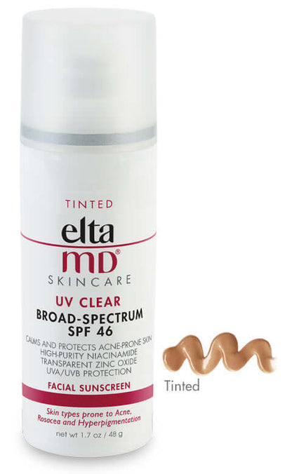 EltaMD UV Clear Tinted SPF 46 bottle with tinted swatch showing sheer color for acne, rosacea and hyperpigmentation skin use