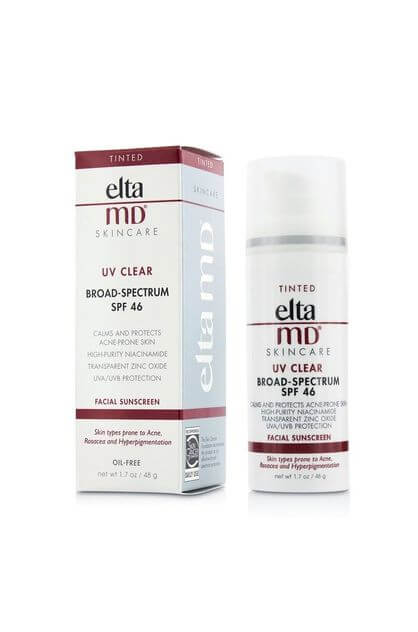 EltaMD UV Clear Tinted SPF 46 bottle and retail box — oil-free mineral tinted sunscreen with Zinc Oxide and Niacinamide