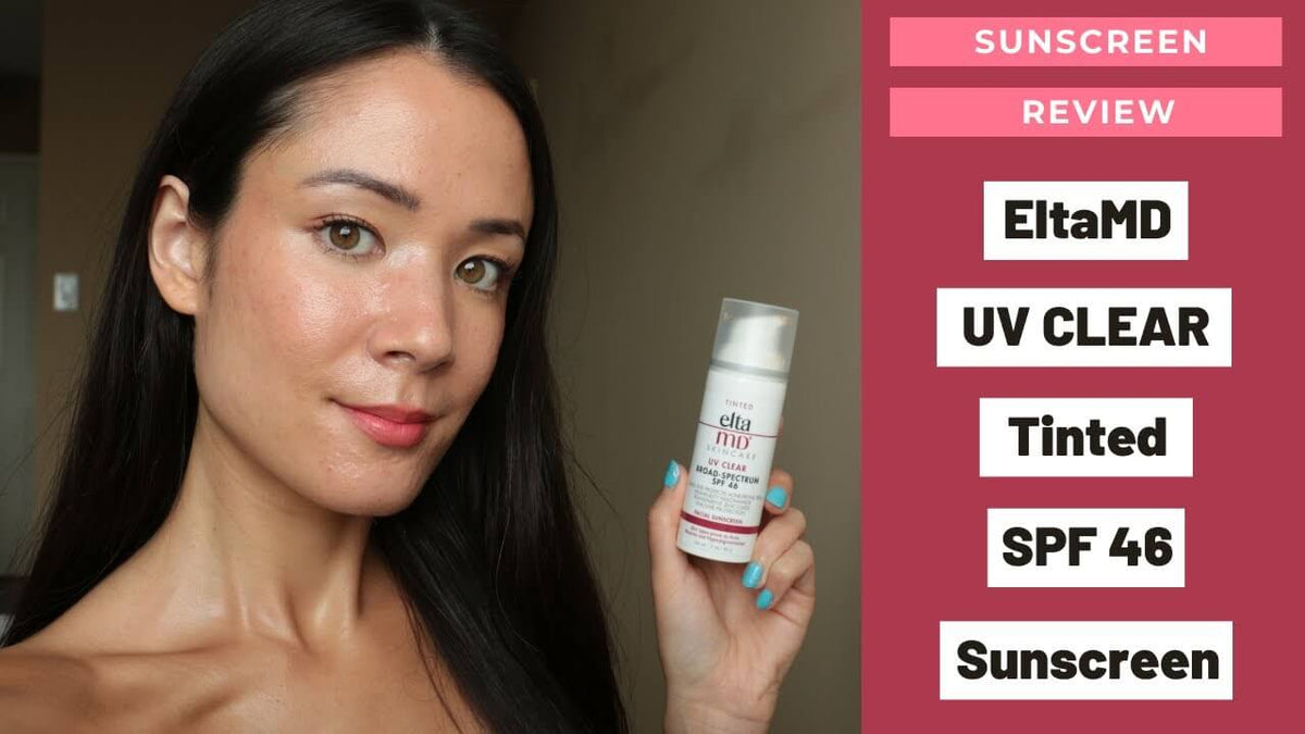 EltaMD UV Clear Tinted SPF 46 review thumbnail shows woman holding bottle for tinted face sunscreen and daily SPF care uses.
