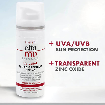 EltaMD UV Clear Tinted SPF 46 graphic shows bottle with UVA UVB sun protection and transparent zinc oxide sunscreen benefits