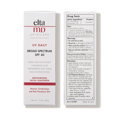 EltaMD UV Daily SPF 40 bottle with retail box — 1.7 oz broad-spectrum moisturizing sunscreen with Hyaluronic Acid