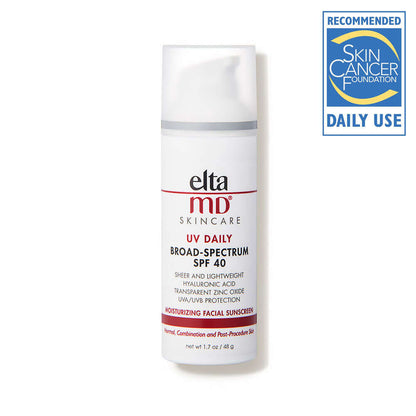 EltaMD UV Daily SPF 40 bottle with Skin Cancer Foundation Daily Use badge for moisturizing broad spectrum face sunscreen use