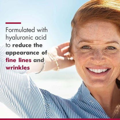 EltaMD UV Daily SPF 40 graphic shows hyaluronic acid message for reducing appearance of fine lines and wrinkles on face skin
