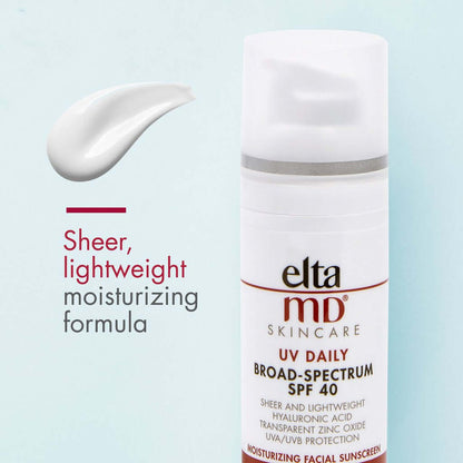 EltaMD UV Daily SPF 40 bottle graphic shows sheer lightweight moisturizing formula with texture swatch on blue backdrop view