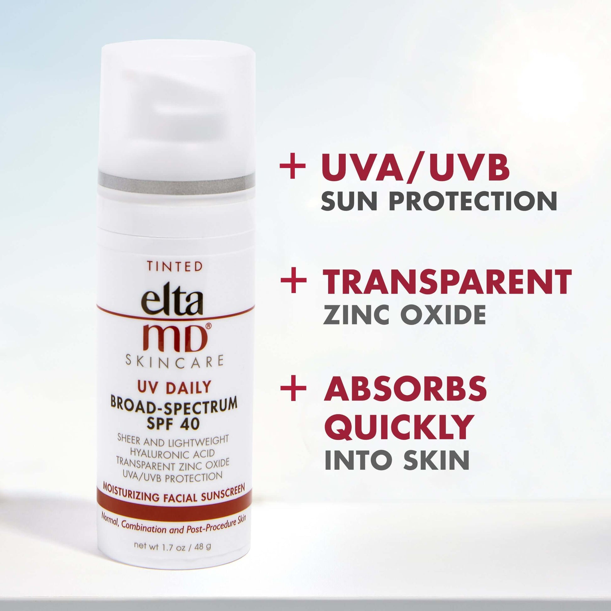 EltaMD UV Daily SPF 40 Tinted benefits — Zinc Oxide and Hyaluronic Acid formula that hydrates skin and evens tone with SPF