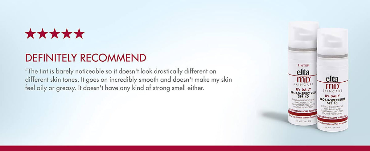 EltaMD UV Daily SPF 40 Tinted — sheer tint evens complexion, fades minor imperfections, and smooths skin texture daily