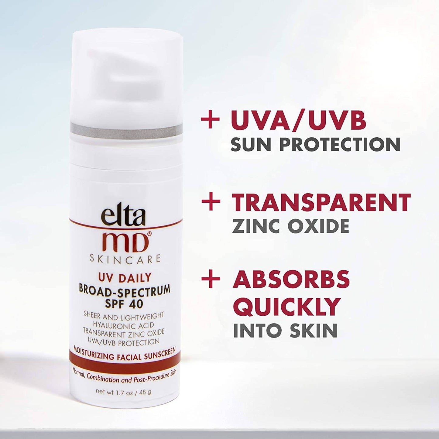 EltaMD UV Daily SPF 40 graphic shows UVA UVB sun protection, transparent zinc oxide and quick absorbing facial sunscreen use
