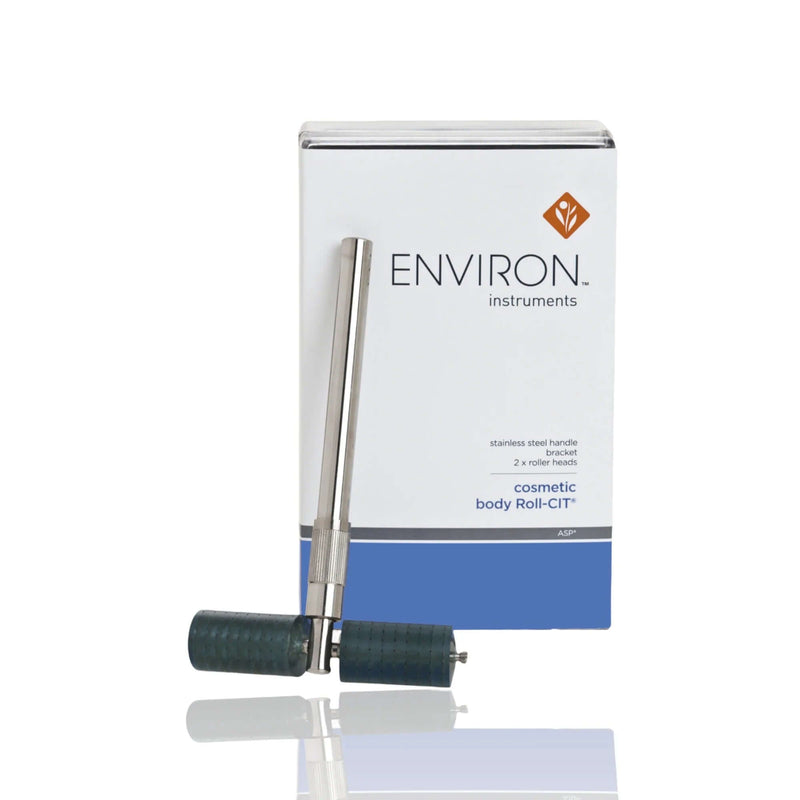 Environ Cosmetic Body Roll-CIT product box with body roller tool and reflection for targeted body microneedling care in use.