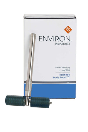 Environ Cosmetic Body Roll-CIT box and roller tool show stainless steel handle and two roller heads for body skin care uses.