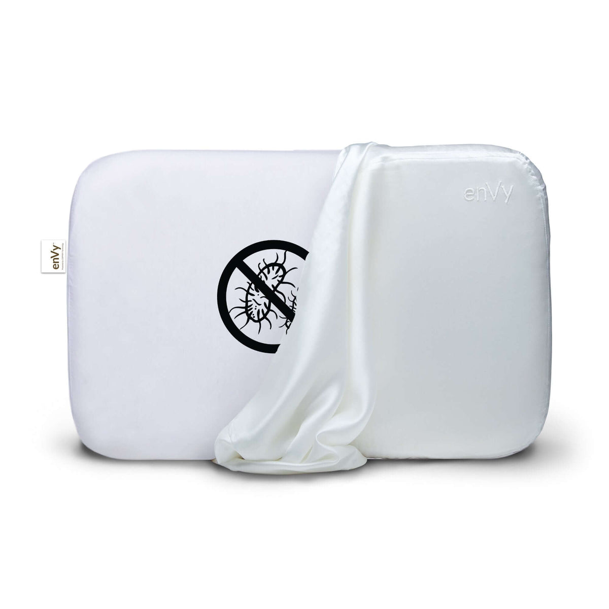 enVy Copper Silk Pillow germ-killing callout — copper technology inhibits bacteria and repairs skin while you sleep at night
