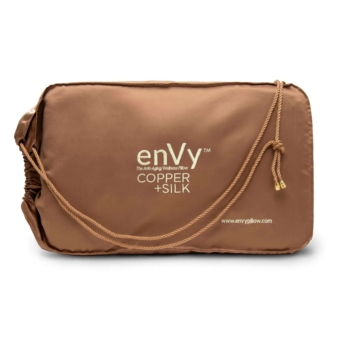 enVy Copper Silk Pillow front — dual neck support organic latex pillow that offloads jaw pressure and prevents sleep wrinkles