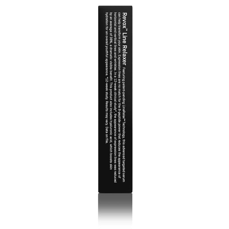 Side view of Revision Skincare Revox Line Relaxer 0.68 oz box showing product description and peptide wrinkle serum details