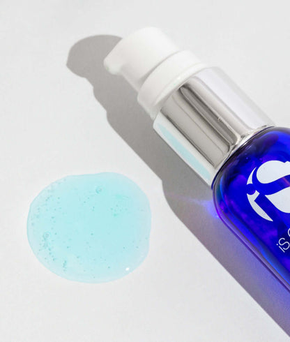 iS Clinical Hydra-Cool Serum pump close-up with blue gel texture showing cooling hydration and soothing serum care benefits.