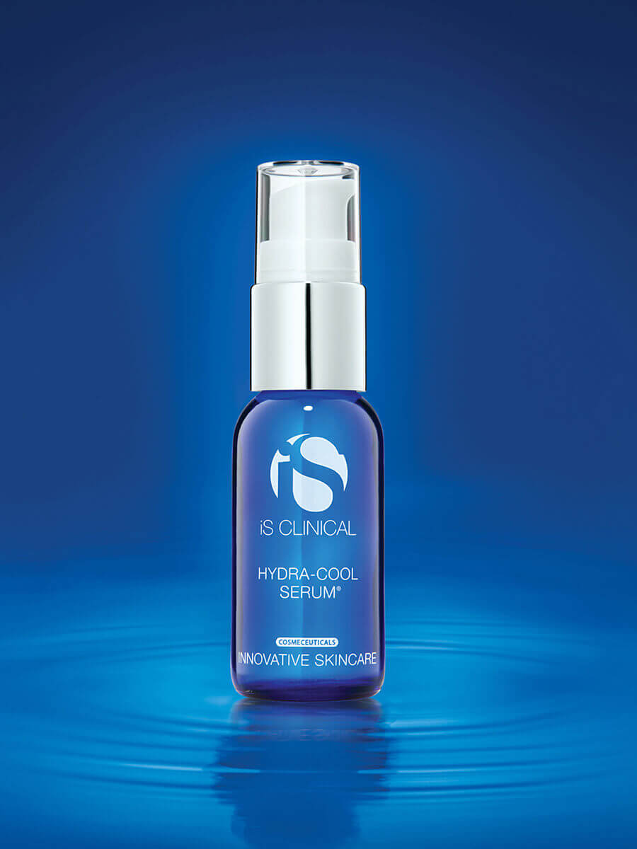 iS Clinical Hydra-Cool Serum bottle on blue water surface showing cooling hydration for dry, red or sensitive skin care now.