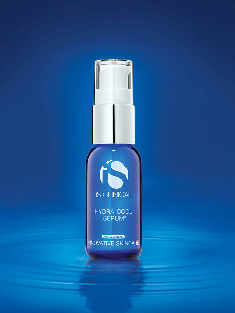 iS Clinical Hydra-Cool Serum bottle on blue water surface showing cooling hydration for dry, red or sensitive skin care now.