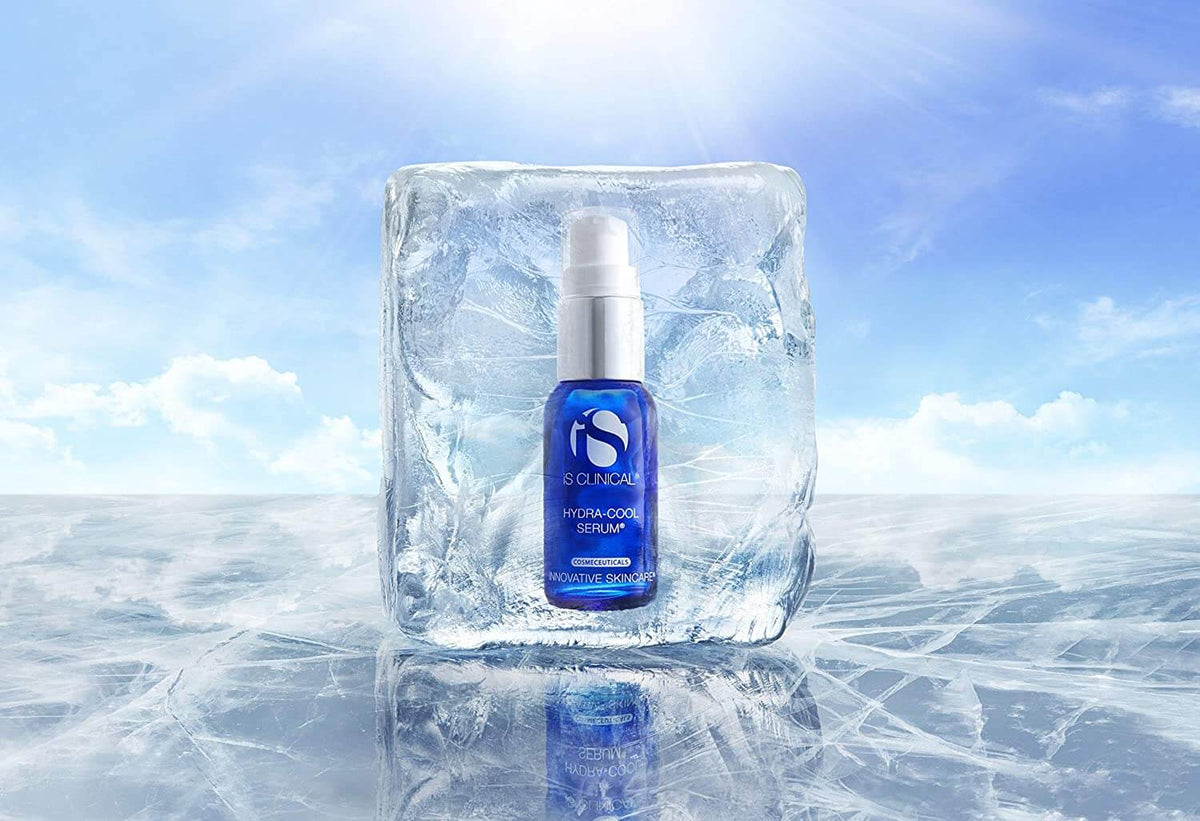 iS Clinical Hydra-Cool Serum frozen ice block graphic shows cooling hydration for irritated, red or sensitive skin care use.