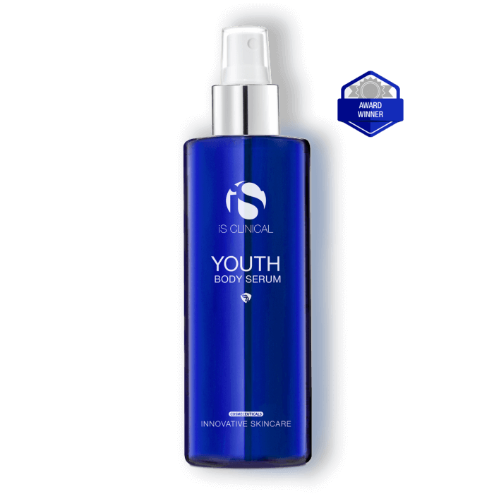 iS Clinical Youth Body Serum award winner bottle for antioxidant body mist, dry skin hydration and smoother tone support now