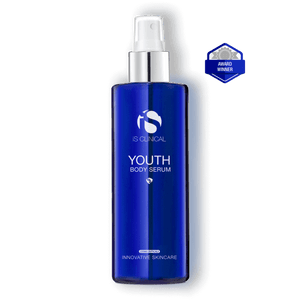 iS Clinical Youth Body Serum award winner bottle for antioxidant body mist, dry skin hydration and smoother tone support now