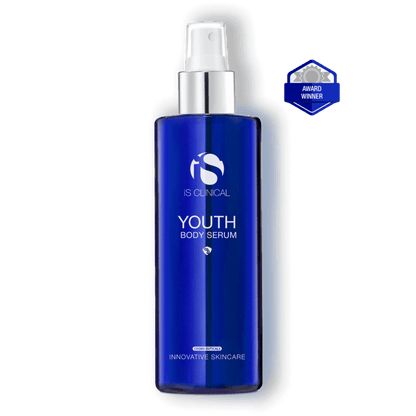 iS Clinical Youth Body Serum award winner bottle for antioxidant body mist, dry skin hydration and smoother tone support now