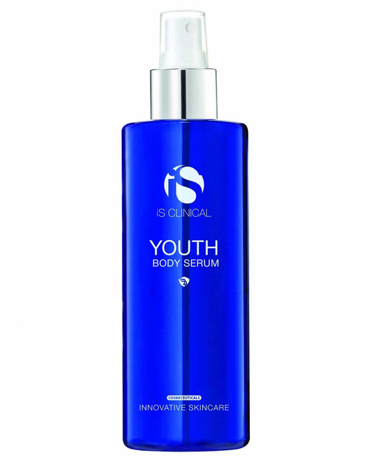 iS Clinical Youth Body Serum blue spray bottle on white background for hydrating body care and smoother skin tone daily use.