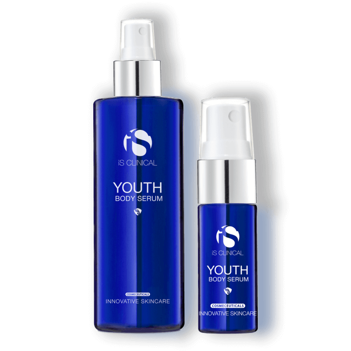 iS Clinical Youth Body Serum full and travel size bottles for hydrating body mist care on arms, legs, chest, back daily use.