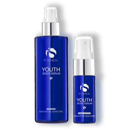 iS Clinical Youth Body Serum full and travel size bottles for hydrating body mist care on arms, legs, chest, back daily use.