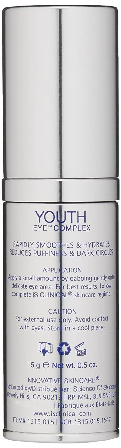 iS Clinical Youth Eye Complex back label shows application directions for puffiness, dark circles and eye hydration use now.