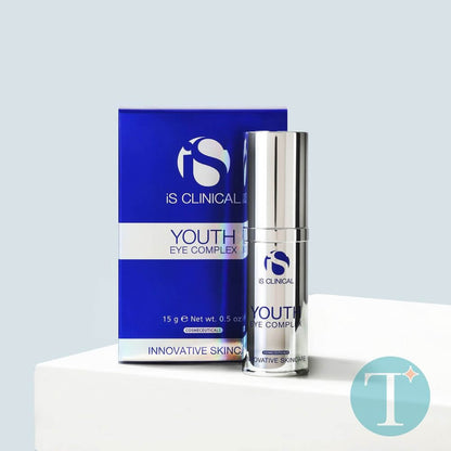 iS Clinical Youth Eye Complex bottle with blue box packaging on white display for anti-aging under eye care and firming use.